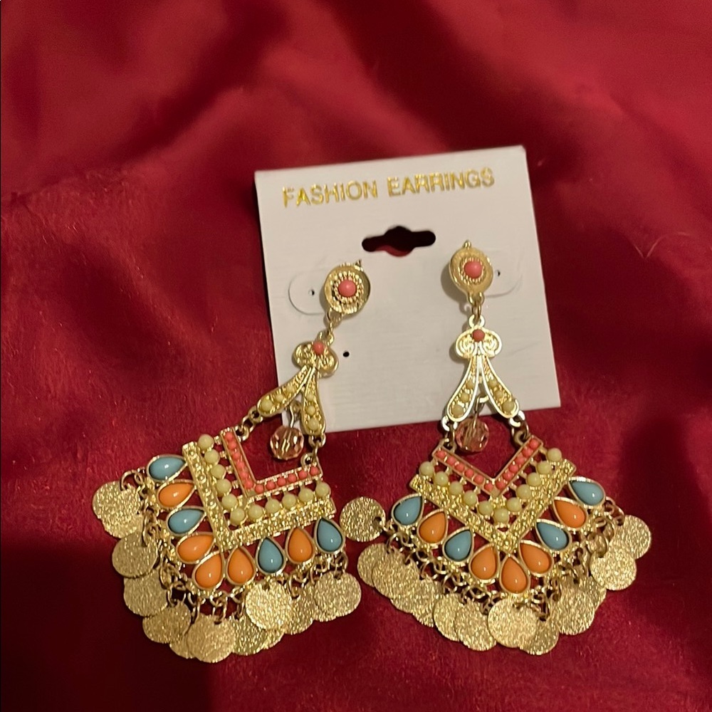 Source Unknown Gold and Orange Chandelier Earrings